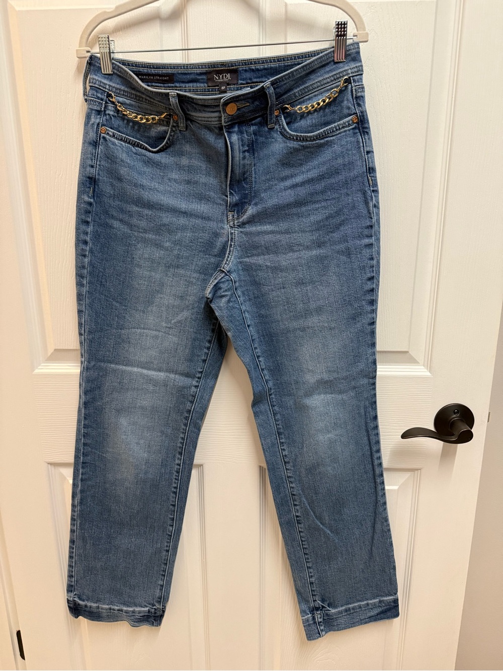 NYDJ Marilyn Straight Jeans with High Rise and Gold Chains.